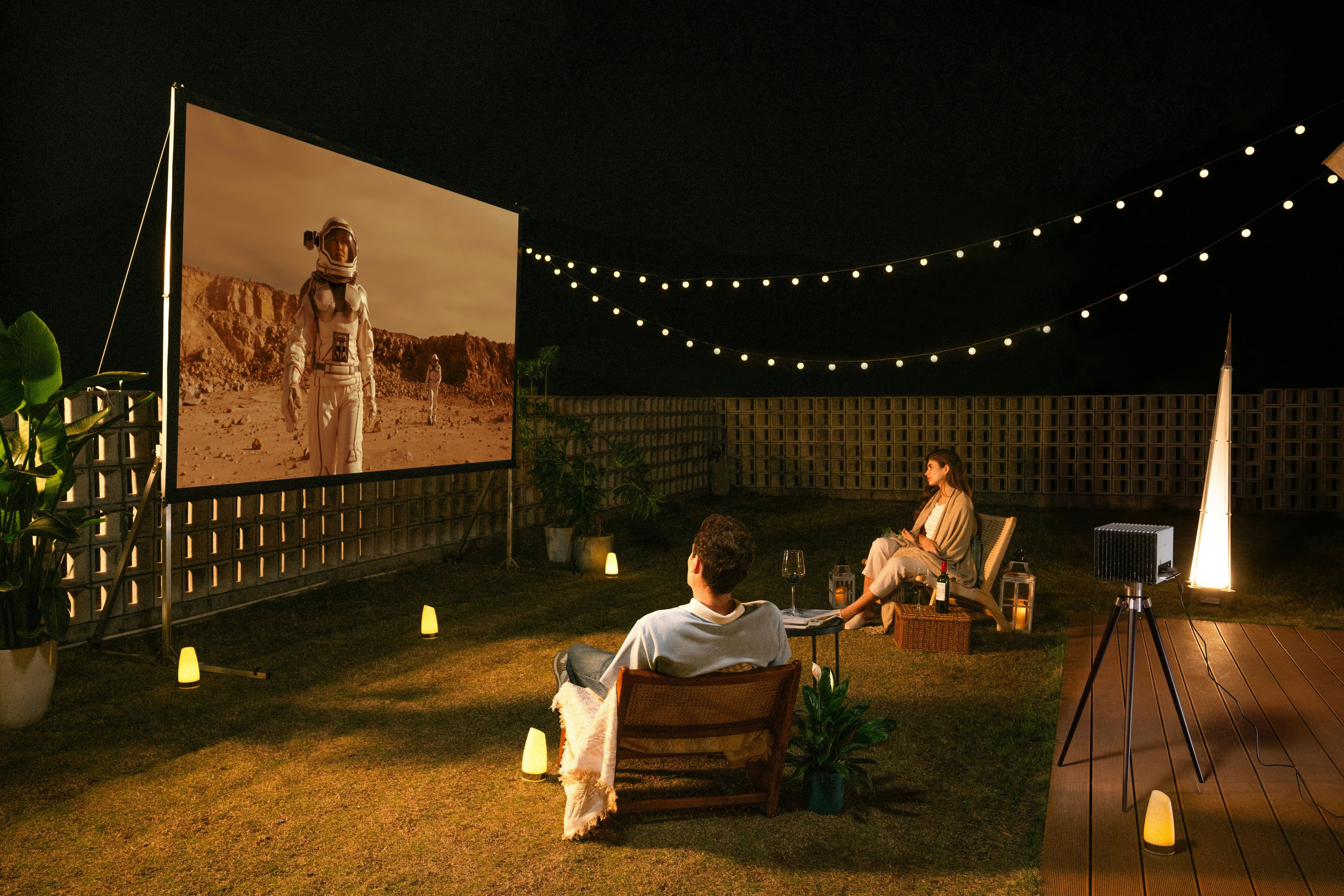 Outdoor movie night scene